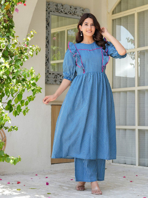 Aujjessa Women Aujjessa Indigo Cotton Printed Maternity Feeding Flared Kurta Set - Image 5