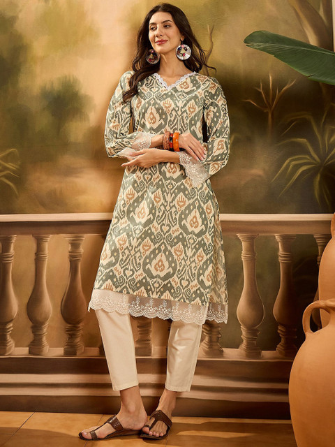 Sangria Ethnic Motifs Printed V-Neck Flared Sleeves Pure Cotton Straight Kurta