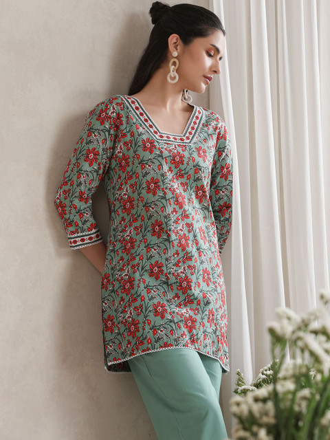 Khushal K Floral Printed Cotton V-Neck Tunic With Trouser Co-Ords - Image 6