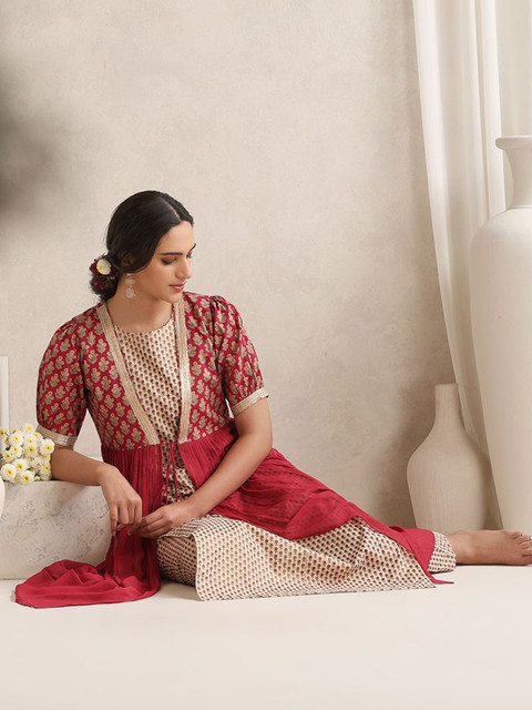Khushal K Floral Printed Tunic With Trouser & Traditional Jacket Style Co-Ords - Image 6
