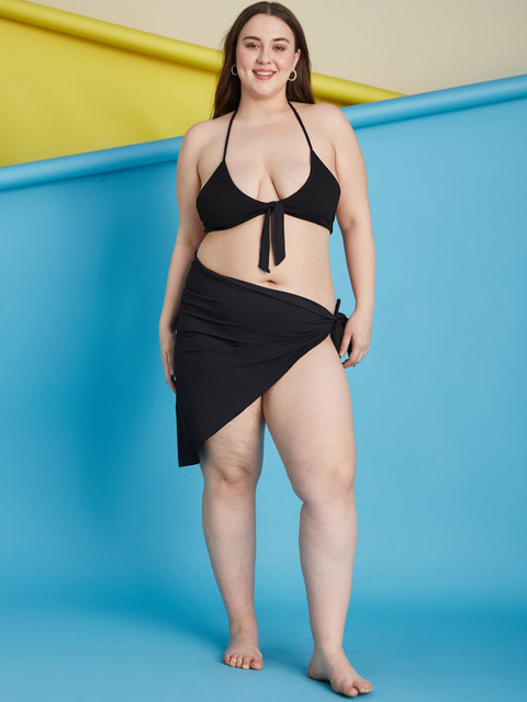 Curves By ZeroKaata Plus Size Halter Ribbed Beachwear Swim Bikini Set with Sarong