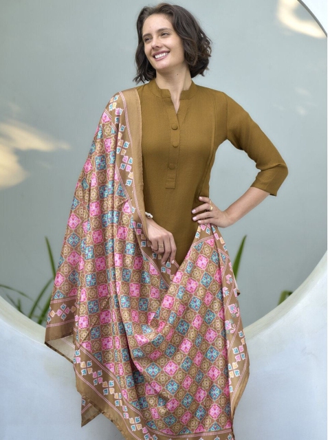MISS CLOTHING Mandarin Collar Straight Kurta With Trousers & Dupatta