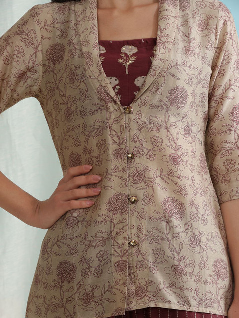 Khushal K Floral Printed Cropped-Top With Trouser & Jacket Co-Ords - Image 2