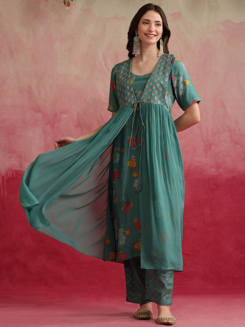 Khushal K Floral Printed Cotton Tunic With Trouser & Jacket Co-Ords