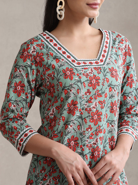 Khushal K Floral Printed Cotton V-Neck Tunic With Trouser Co-Ords - Image 2