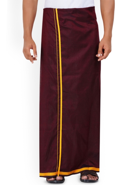 Ethazh Men Dark Maroon Cotton Blend Solid 1 Inch Border Single Layer Dhoti