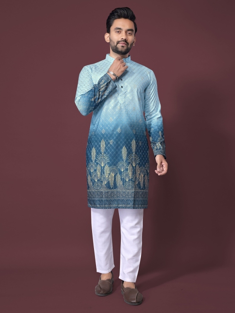 PulseIQ Ethnic Motifs Embroidered Sequinned Mandarin Collar Straight Kurta