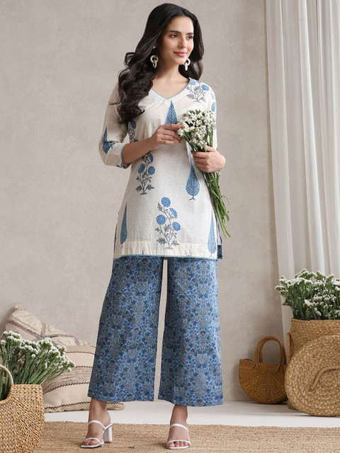 Khushal K Floral Printed Cotton V-Neck Tunic With Palazzo Co-Ords