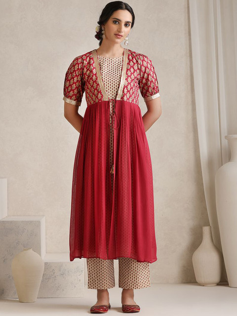 Khushal K Floral Printed Tunic With Trouser & Traditional Jacket Style Co-Ords