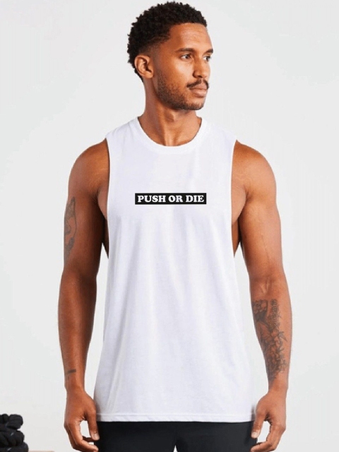 GSPO Push Or Die Chest Print Cotton Round Neck Gym Vest V-PSD-White