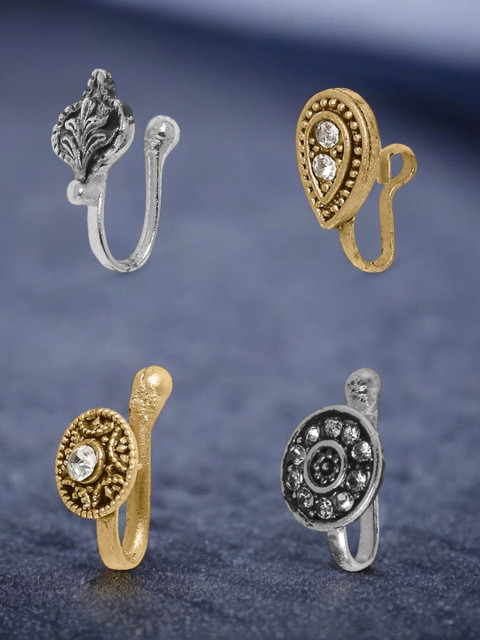 OOMPH Women Set Of 4 Antique Gold & Silver Tone Stud Nosepin