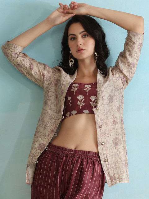 Khushal K Floral Printed Cropped-Top With Trouser & Jacket Co-Ords - Image 6