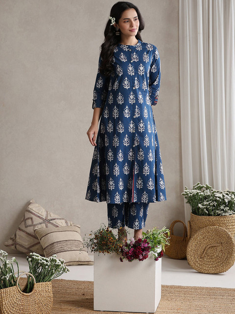 Khushal K Indigo-Bloom Printed Cotton Tunic With Trouser Co-Ords
