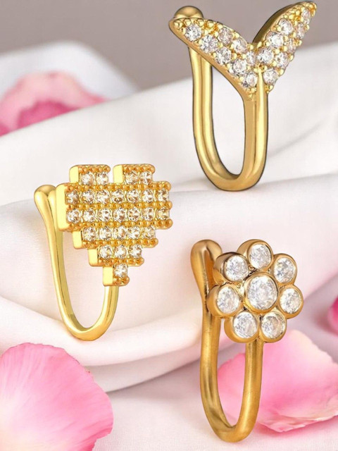 OOMPH Combo of 3 Gold Heart Fish Fin & Floral Shape Zircon Stud Nosepins