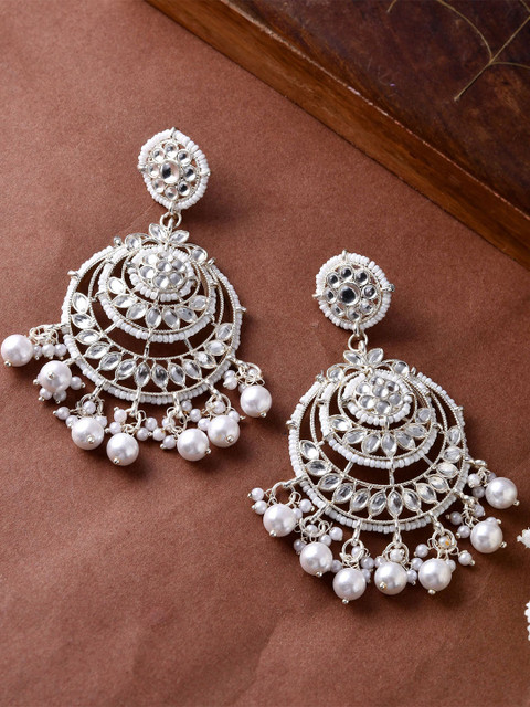 Anouk Stainless Steel Silver-Plated Kundan Circular Shaped Chandbalis
