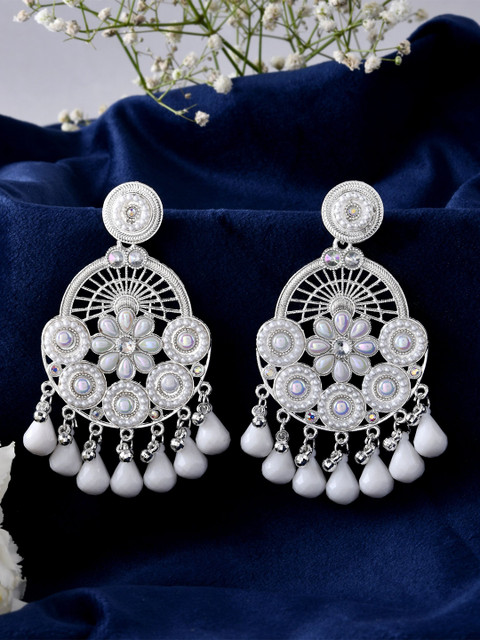Anouk Stainless Steel Silver-Plated Kundan Oxidised Floral Shaped Chandbalis
