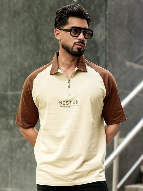 Maniac Typography Printed Polo Collar Cotton T-shirt