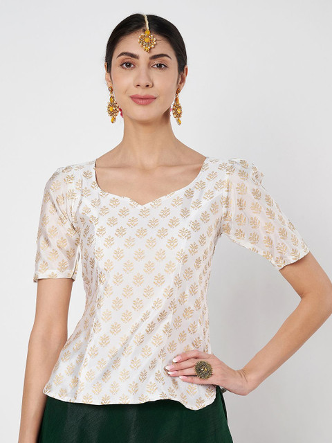 studio rasa Ethnic Motifs Printed Sweetheart Neck Puff Sleeve Sheen Ethnic Top