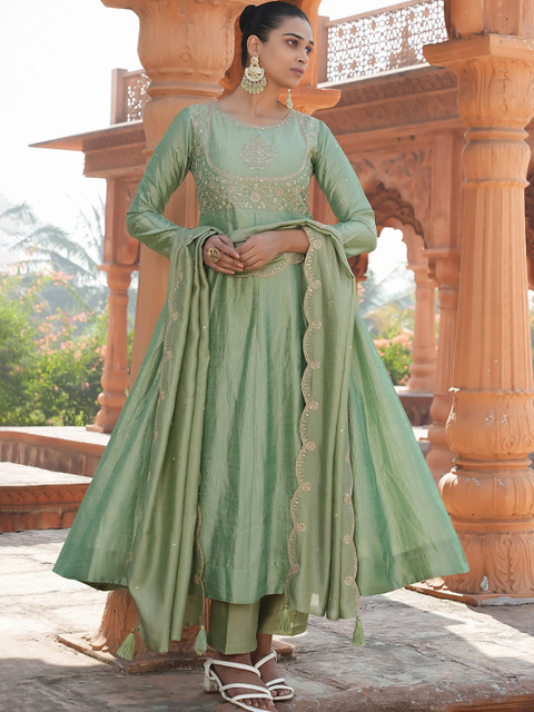 KALINI Women Paisley Embroidered Regular Sequinned A-Line Kurta & Trousers With Dupatta