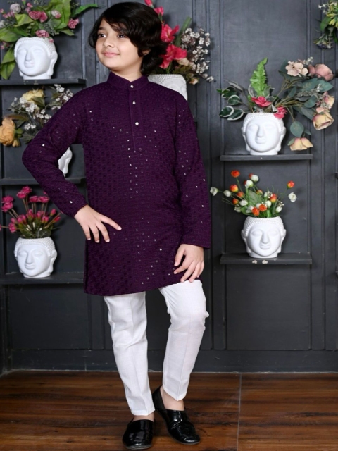 GREEN DRAGONFLY Boys Woven Design Cotton Chikankari Kurta