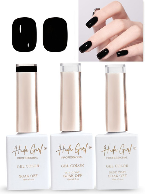Huda Girl Set Of 3 Soak Off Gel Nail Polish - 15 ml Each - Black, Top & Base Coat
