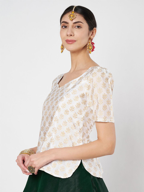 studio rasa Ethnic Motifs Printed Sweetheart Neck Puff Sleeve Sheen Ethnic Top - Image 4