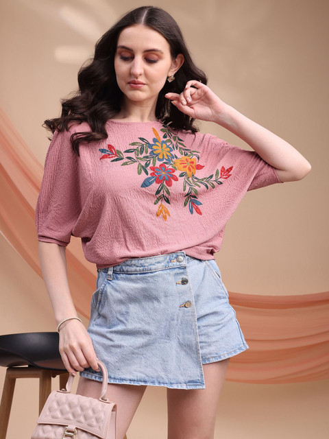 Kinjo Floral Printed Round Neck Extended Sleeves Scuba Top