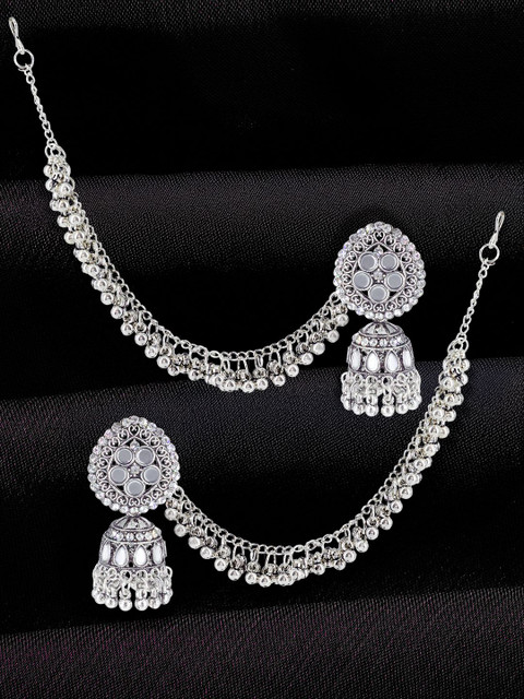 PRIVIU Silver Plated Artificial Beaded Dome shaped Oxidised Jhumkas
