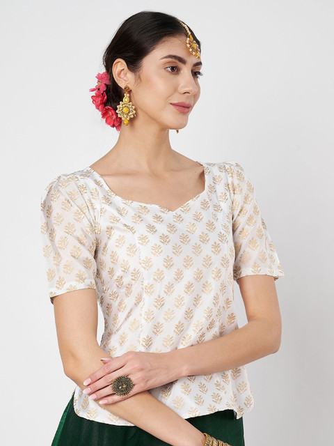 studio rasa Ethnic Motifs Printed Sweetheart Neck Puff Sleeve Sheen Ethnic Top - Image 3