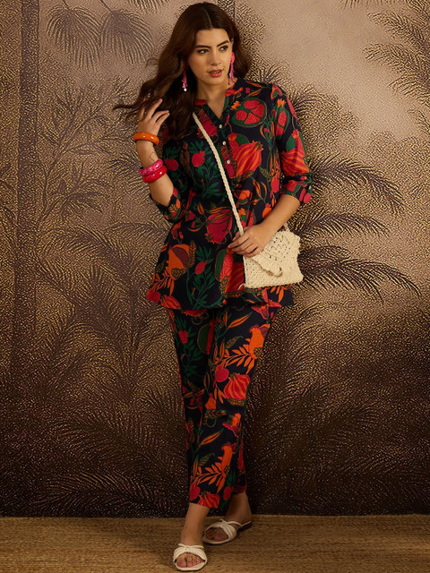 Sangria Floral Printed Pure Cotton Tunic & Trousers Co-Ord Set