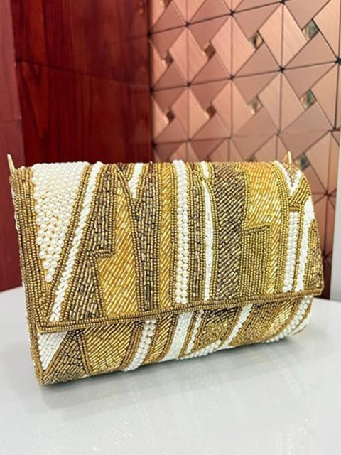 SKIMMER Gold and Pearl Beaded Embroidered Purse Clutch
