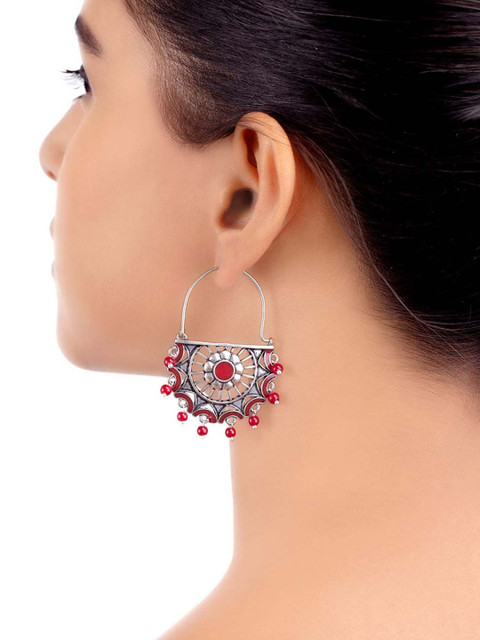 Voylla Silver-Plated & Maroon Geometric Hoop Earrings