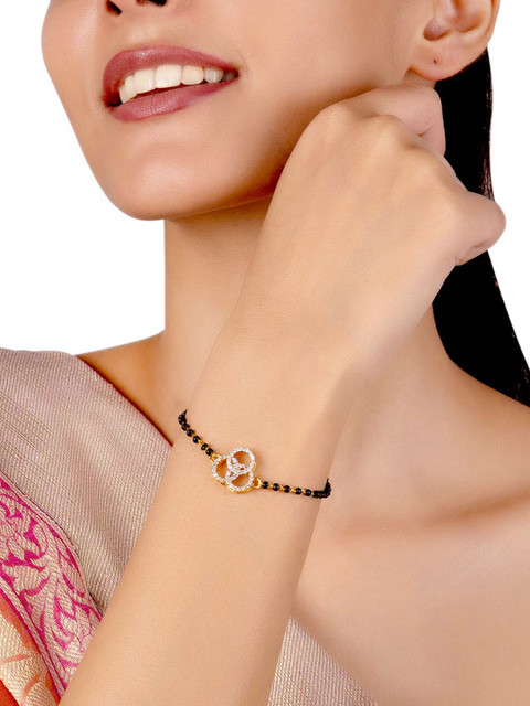 Voylla Women Gold-Plated & Black American Diamond CZ Beaded Mangalsutra Bracelet
