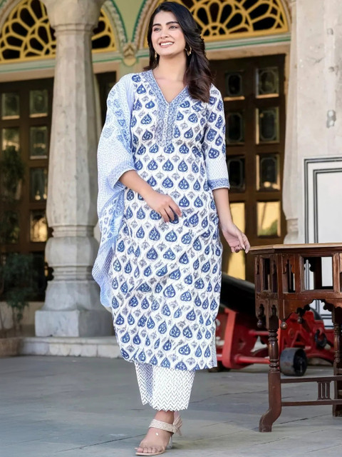 SZN Women Ethnic Motifs Printed Regular Thread Work Kurta with Trousers & With Dupatta