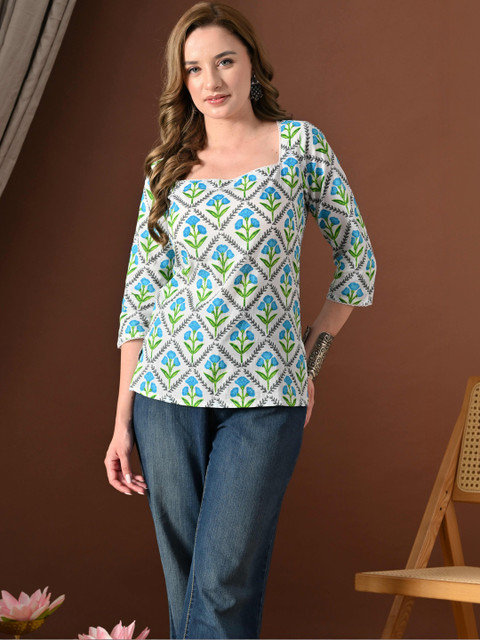 Anouk Rustic Floral Printed Square Neck Pure Cotton Kurti