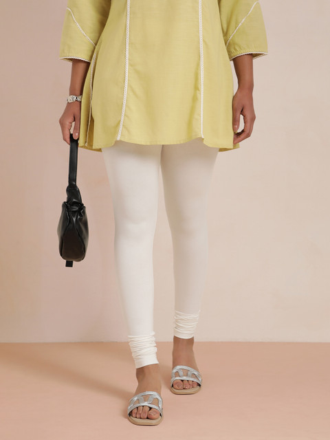 TWIN BIRDS Women Cream-Coloured Solid Churidar-Length Leggings