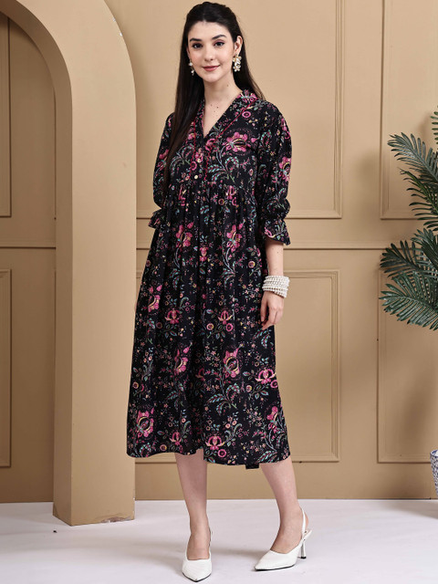 Roly Poly Floral Print A-Line Midi Dress