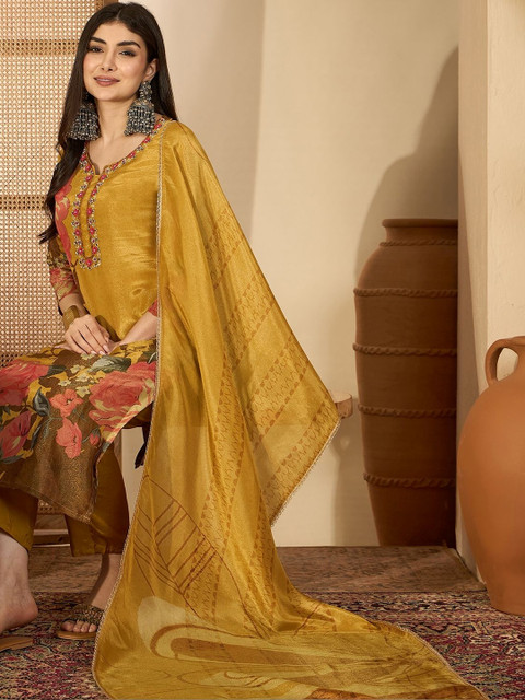 Sangria Floral Printed Round Neck Straight Kurta & Trousers With Dupatta