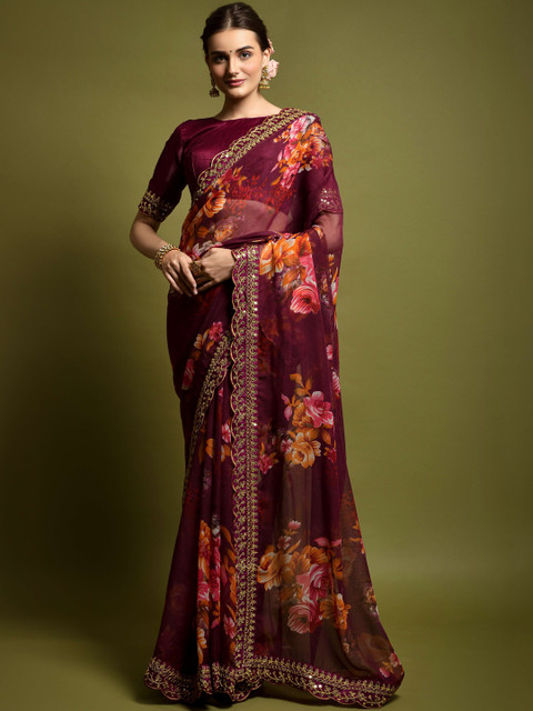 CaniBani Floral Zari Pure Chiffon Heavy Work Saree - Image 2