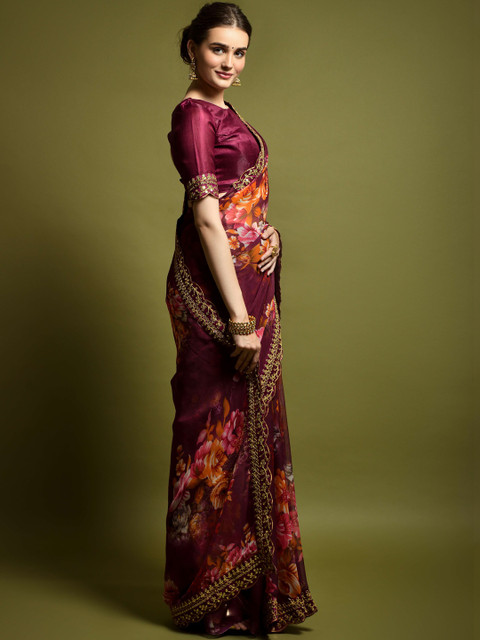 CaniBani Floral Zari Pure Chiffon Heavy Work Saree