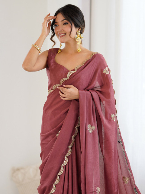 Embellished Party Wear Pure Chiffon Heavy Work Saree with Matching Blouse