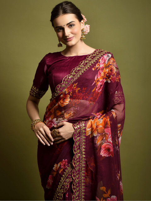 CaniBani Floral Zari Pure Chiffon Heavy Work Saree - Image 3
