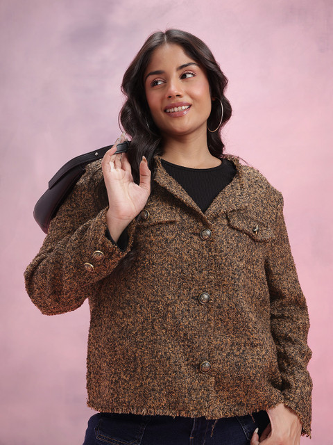 DressBerry Curve Collarless Fringed Tweed Coat