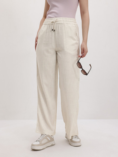 The Roadster Life Co. Women Cotton Linen Flared High-Rise Trousers
