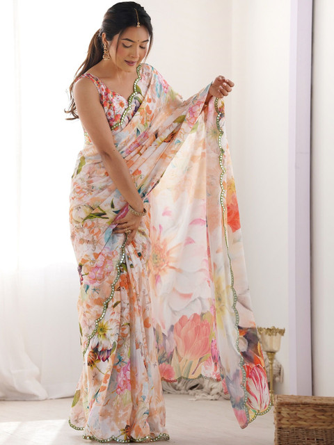 CaniBani Floral Sequinned Silk Blend Saree