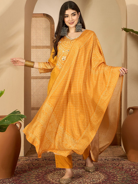Sangria Bandhani Printed with Embroidered V-Neck Kurta & Trousers with Dupatta