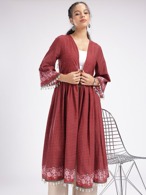 fusion by glitchez Floral Printed Shell Embellished Longline Shrug