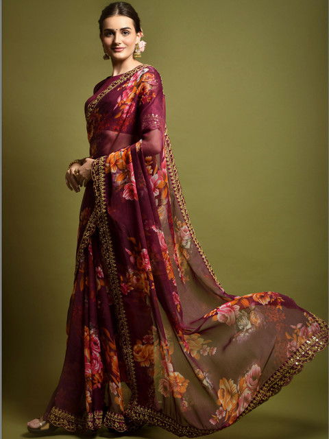 CaniBani Floral Zari Pure Chiffon Heavy Work Saree - Image 4
