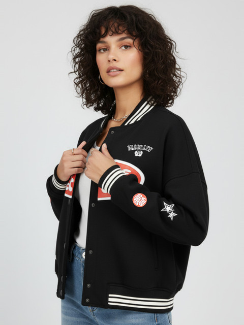 glitchez Typography Printed Varsity Jacket