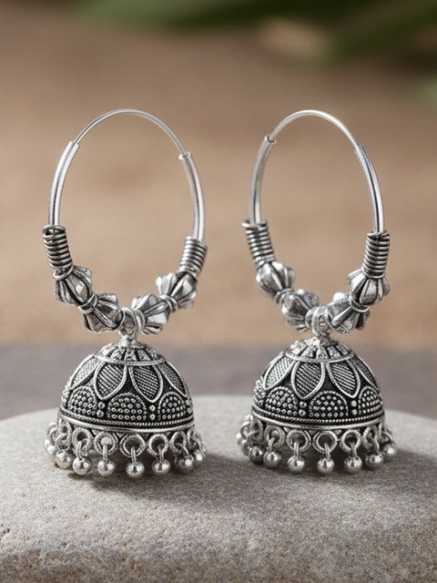 SZN German Silver Silver-Plated Beaded Oxidized Dome Shaped Jhumkas